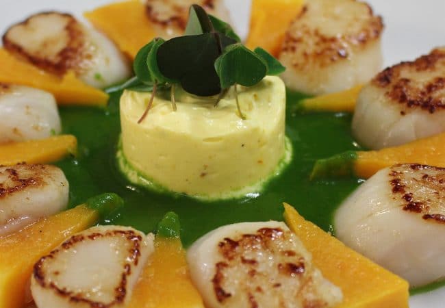 Assiette de coquilles-sain-jacques et de courges
