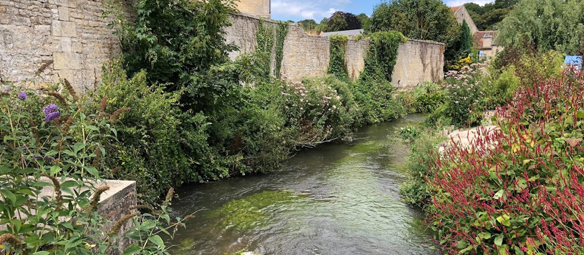 Cours d'eau le long de maisons à Reviers dans le Calvados en Normandie