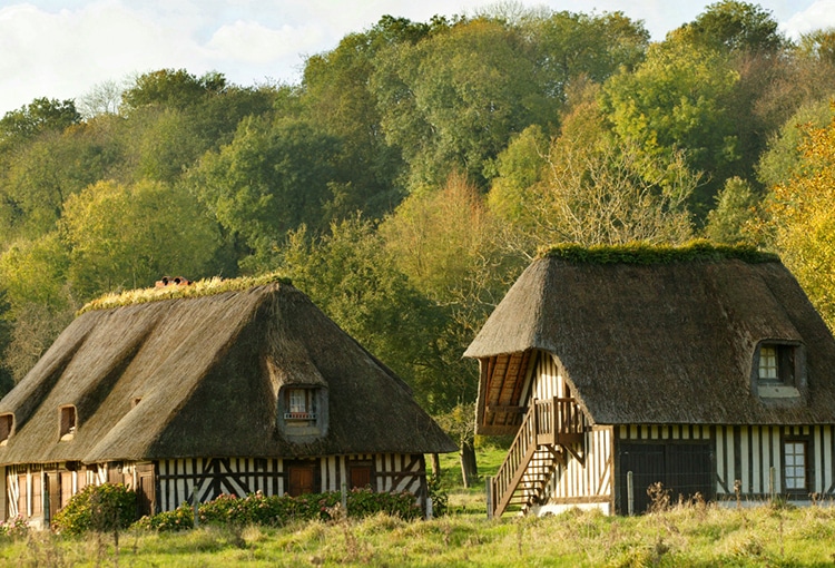 Deux maisons en colombage avec des toits de chaume