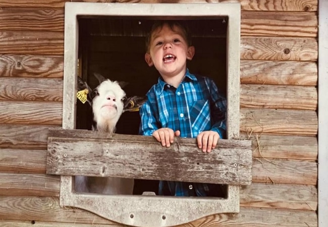 Enfant et chèvre dans maison en bois